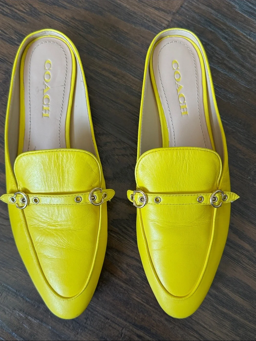 COACH Buttercup Yellow Leather Slip-On Mules with Gold Hardware - Picture 3 of 13